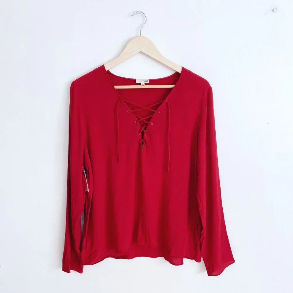 ❤️SOLD NWT Aritzia Wilfred Free Redling Red Tie Lace Neck Long Sleeve Blouse Top - Picture 5 of 13